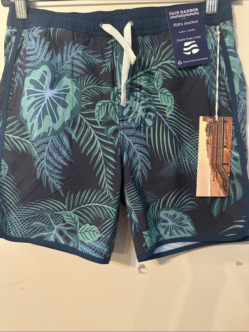 Fair Harbor Navy Swim Trunks with Green Tropical Leaf Print